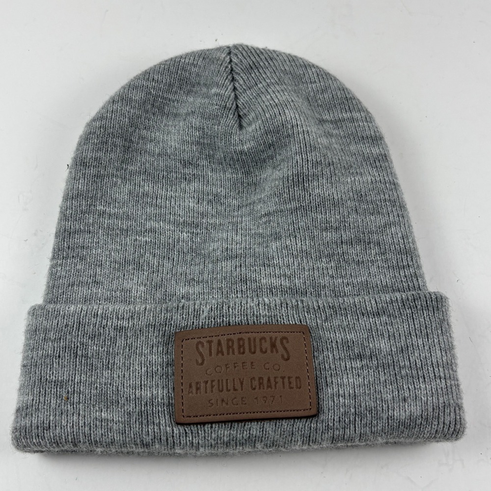 Starbucks Beanie Hat Unisex OS Gray Artfully Crafted Leather Patch YP
